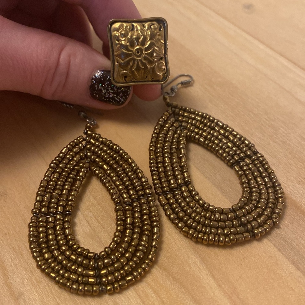 Hand beaded Golden Earrings and Brass Ring Set